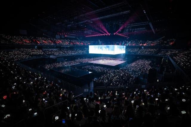 K-pop girl group TWICE perform on a 360-degree stage in Incheon on July 20 2025